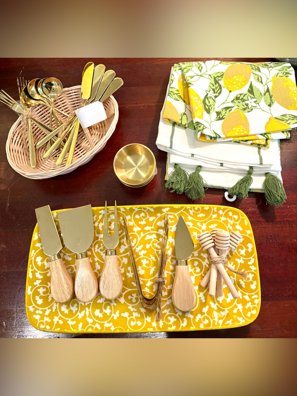New Charcuterie Serving Set Selamica Platter Gold Utensils Lemon Towels